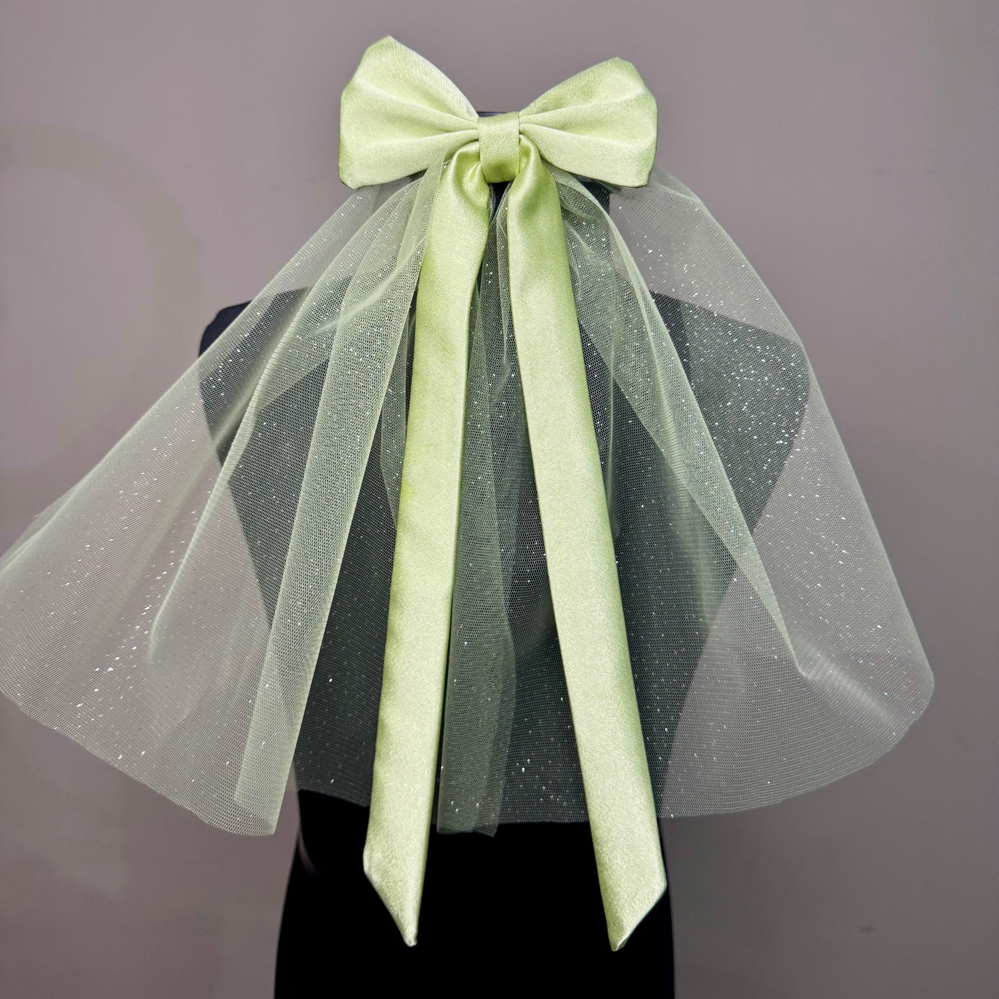 Hazy Morning Pastel Green Satin Bow with Sparkle Veil