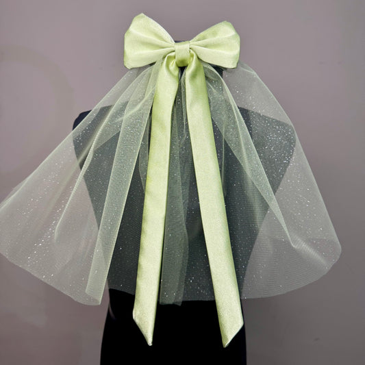 Hazy Morning Pastel Green Satin Bow with Sparkle Veil