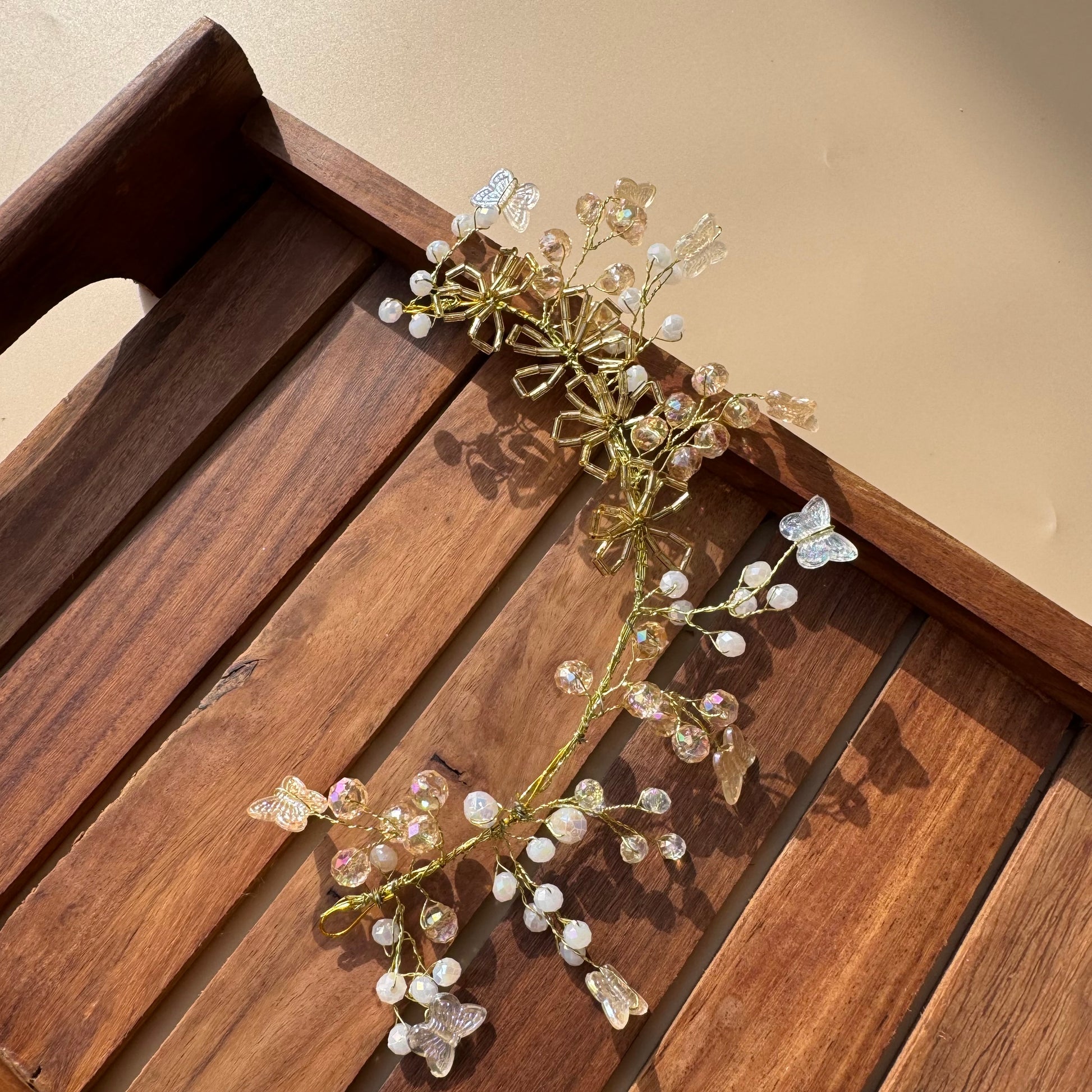 Golden Crystal Butterfly & Pearl Bridal Hair Vine