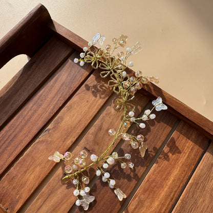 Golden Crystal Butterfly & Pearl Bridal Hair Vine