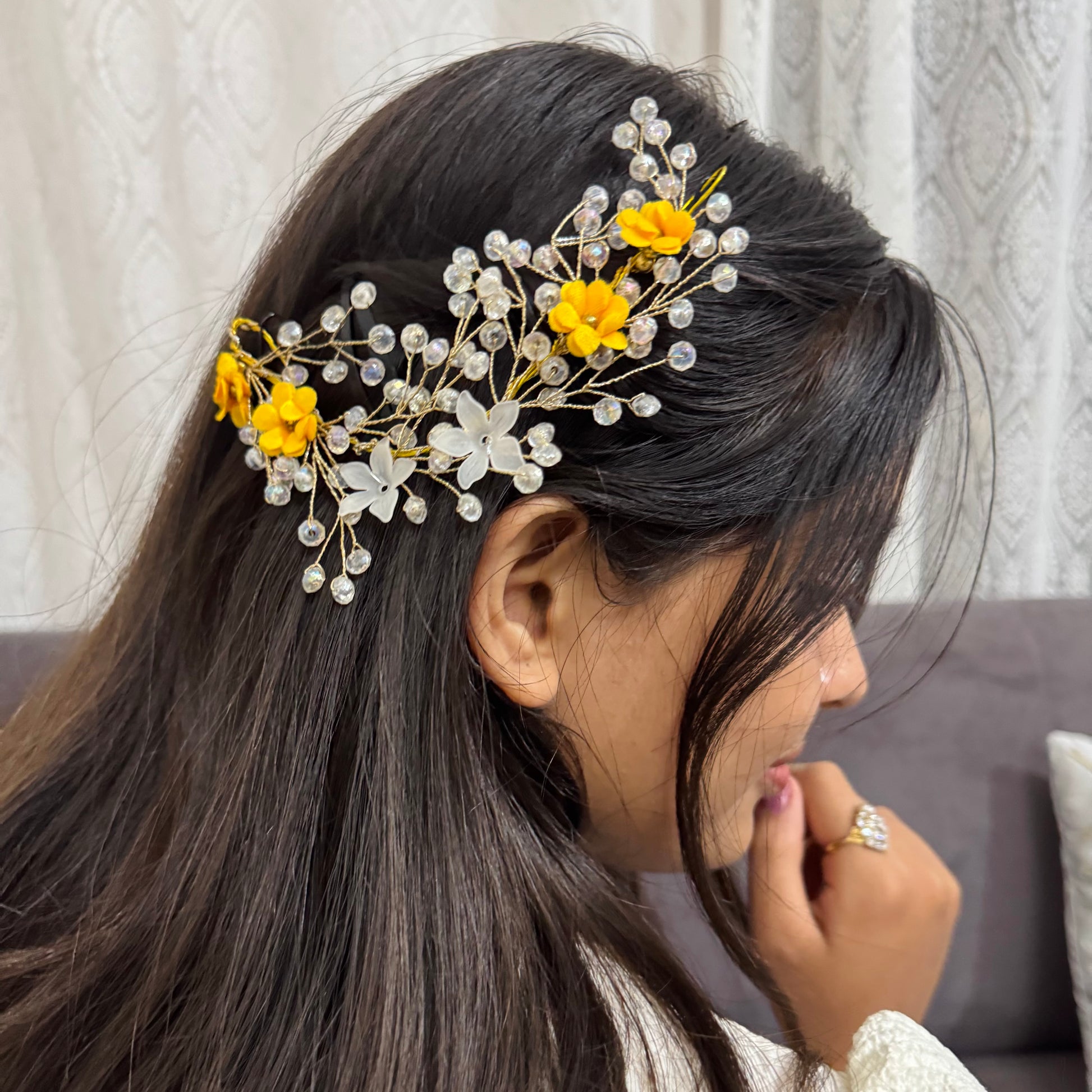 Haldi Crystal & Pearl Bridal Hair Vine | Yellow Crystal Hair Accessory for Haldi & Mehendi