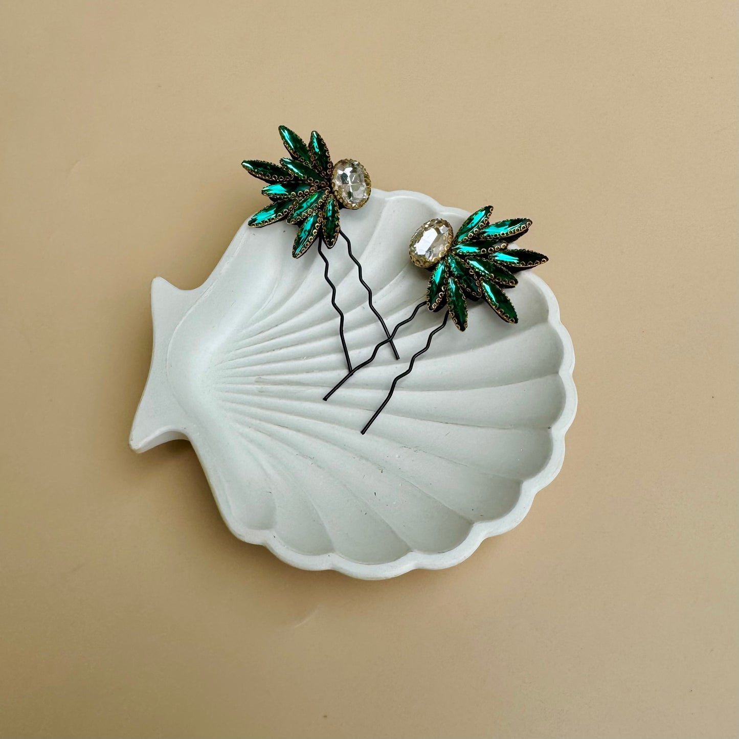 Emerald Green Winged Hair Pin Set (Mirror Pair - 2 Pins)