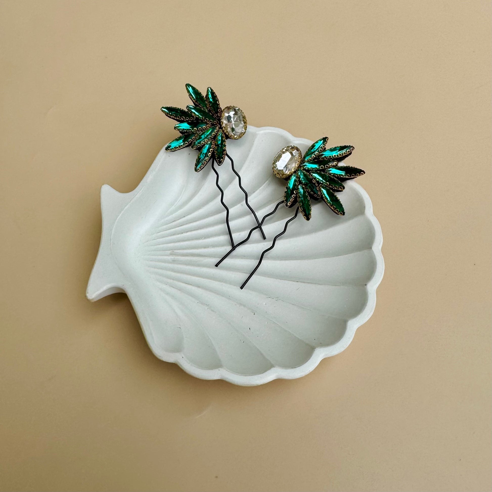 Emerald Green Winged Hair Pin Set (Mirror Pair - 2 Pins)