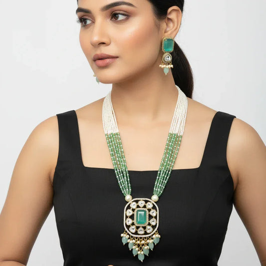 Pearl & Kundan Rani Haar with Matching Earrings – Green Stone Detailing