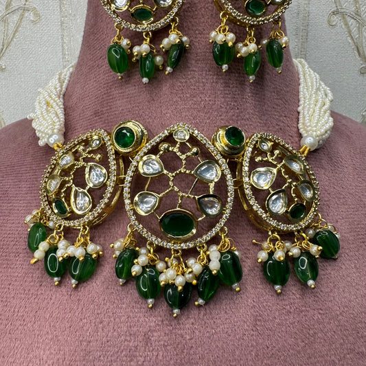 Pearl Beaded Green Choker Necklace & Earrings Set