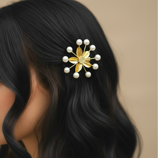 Brass Pearl Burst Floral Hair Pin