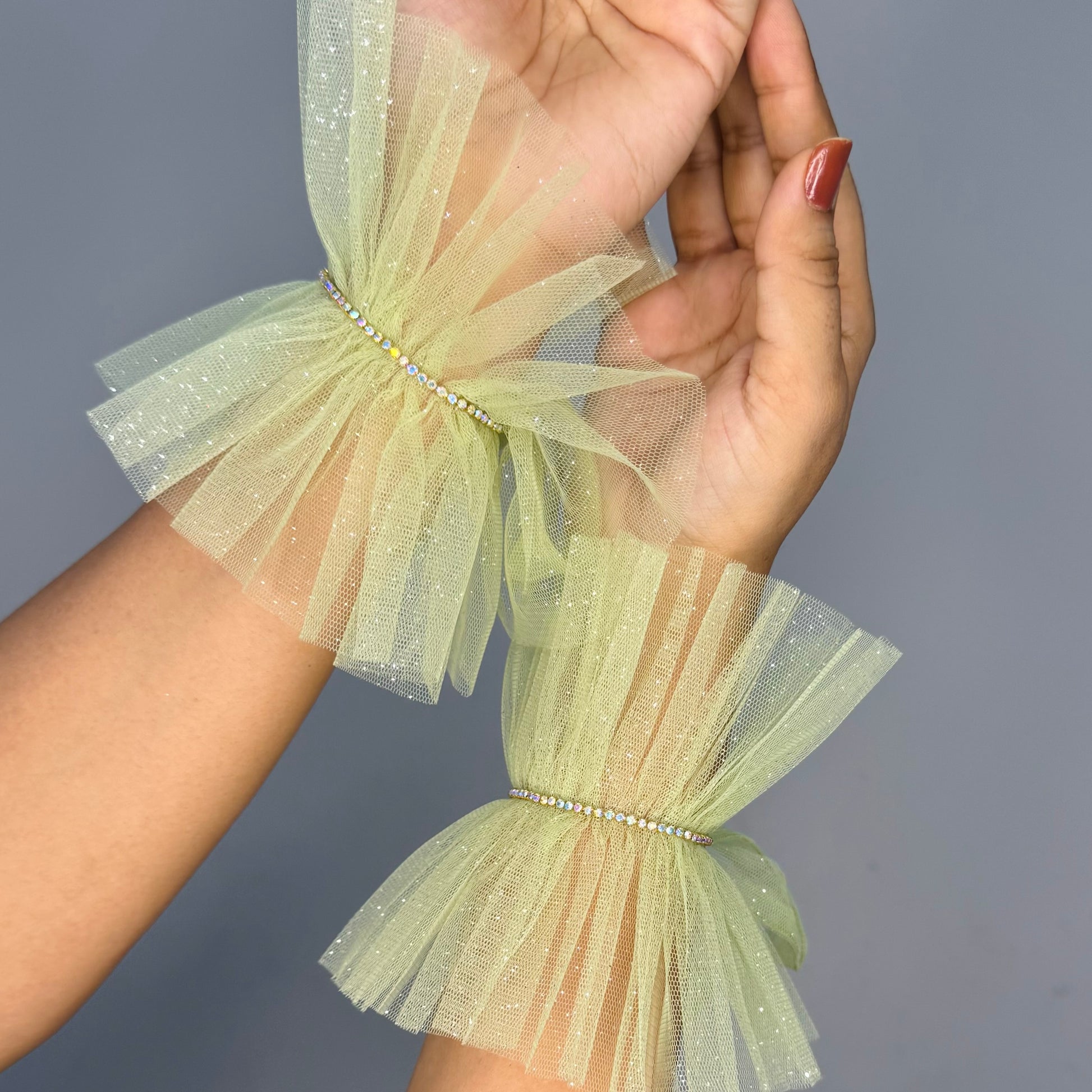 Pastel Green Ruffle Bracelet Cuff Gloves with Rhinestone Detailing