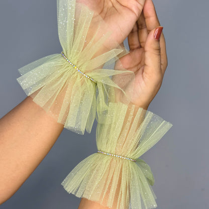 Pastel Green Ruffle Bracelet Cuff Gloves with Rhinestone Detailing