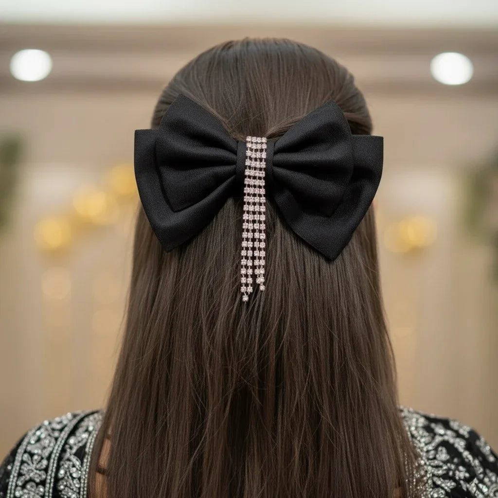 Midnight Jewel Silk Black Bow Hair Clip