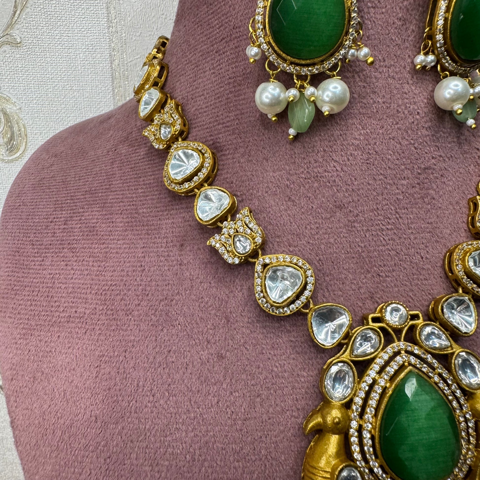Green Kundan Necklace & Earrings Set with Bird Motif