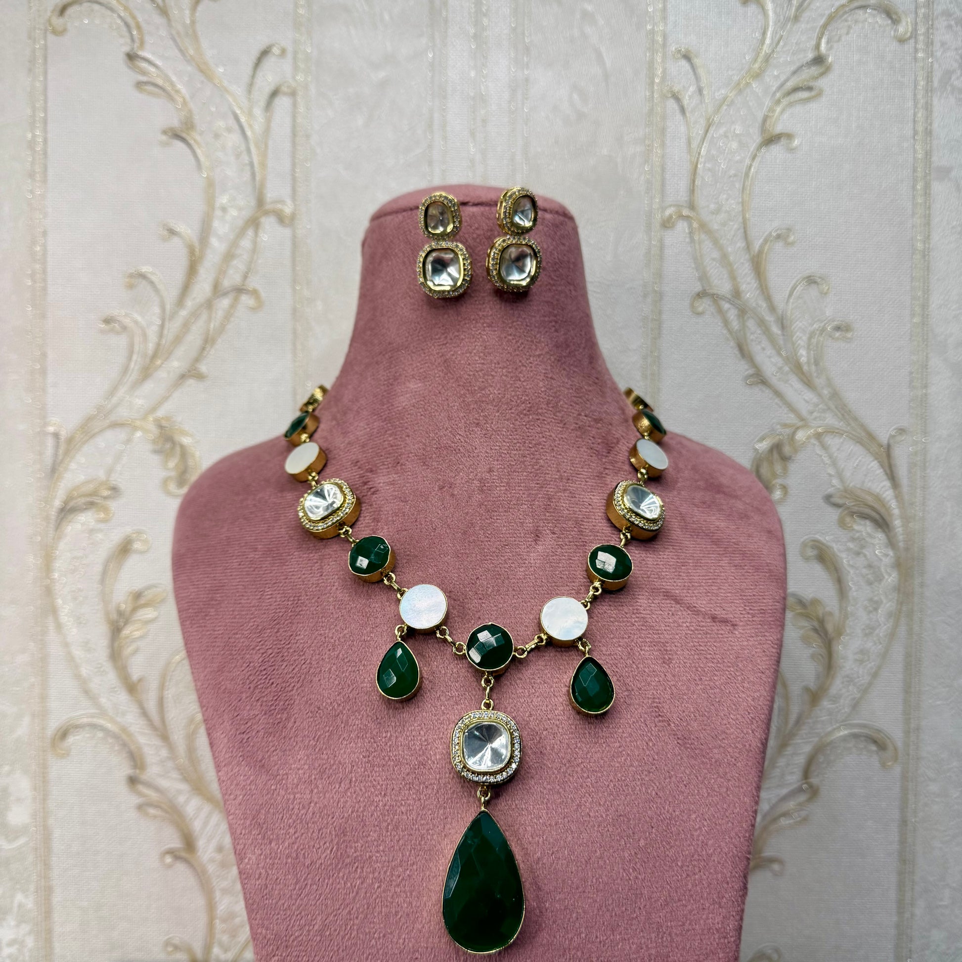 Emerald Green Stone & Kundan Necklace & Earrings Set