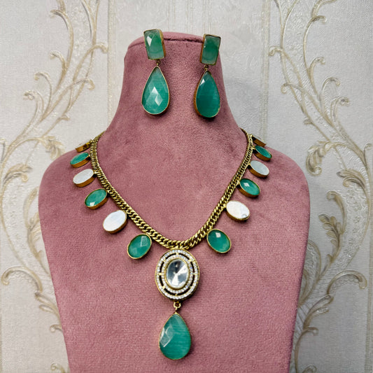 Green Stone Statement Necklace & Earrings Set