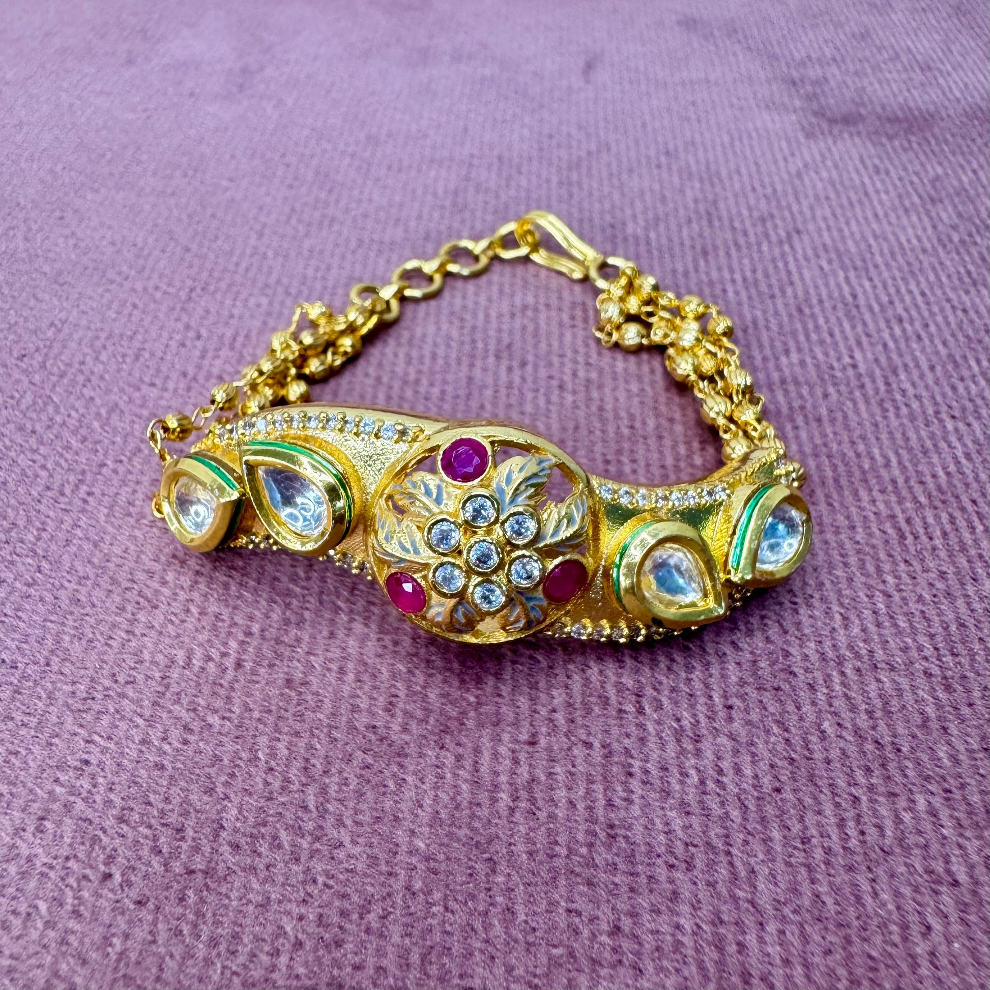 Gold-Plated Kundan Adjustable Bracelet with Ruby & White Stones