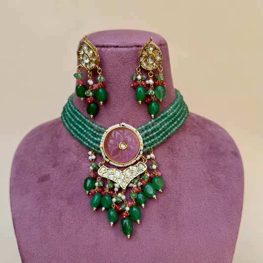 Green Beaded Gold-Plated Kundan Choker Necklace Set with Pink Centerpiece