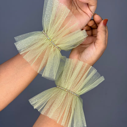 Pastel Green Ruffle Bracelet Cuff Gloves with Rhinestone Detailing