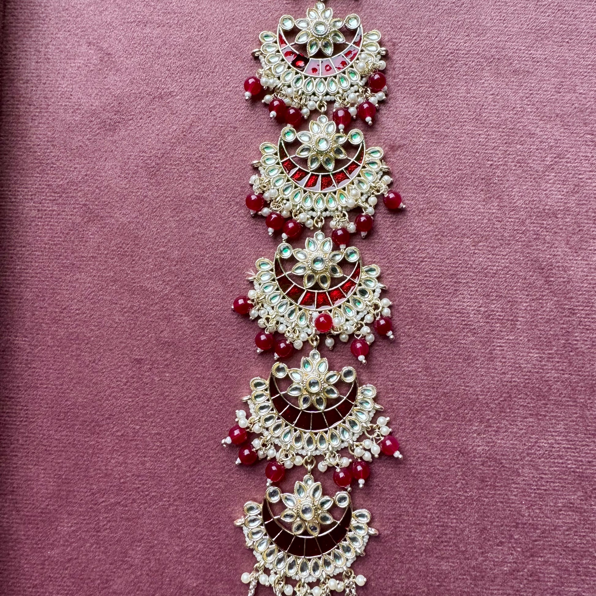 Red Beaded Layered Kundan Hair Chain – Wedding Ethnic Accessory