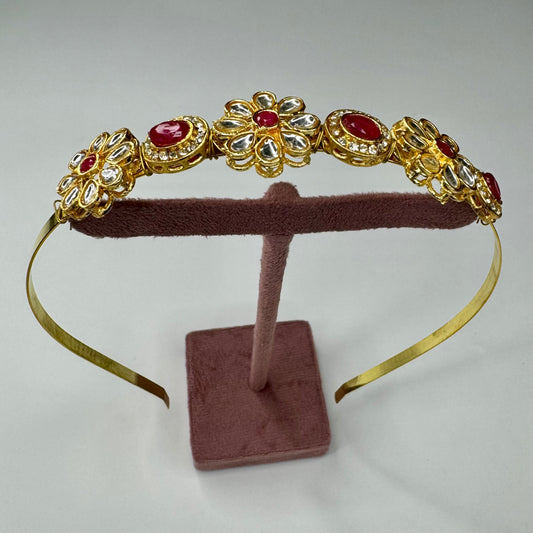 Golden Polki Ruby Kundan Flower Hairband