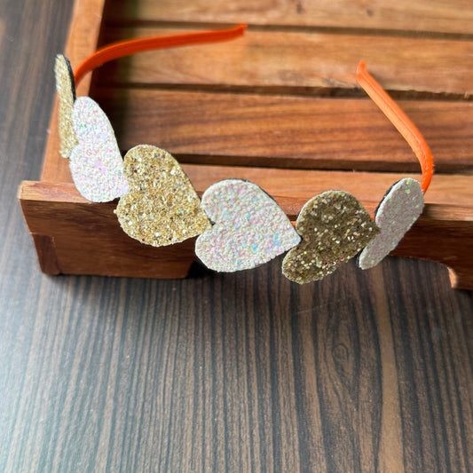 Glitter Heart Parade Orange Headband – Silver & Gold Hearts