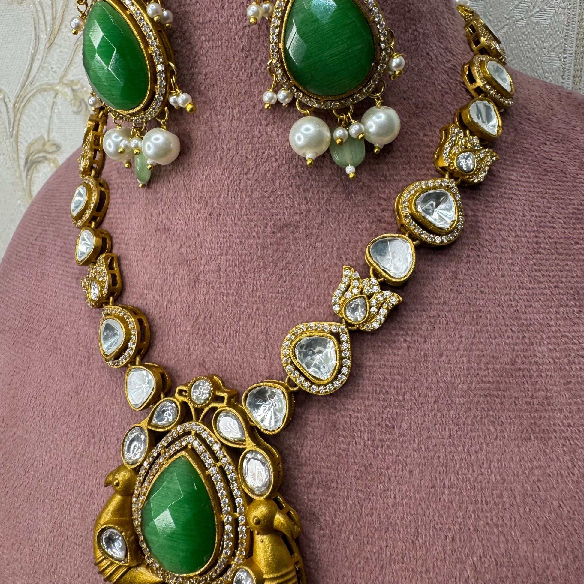 Green Kundan Necklace & Earrings Set with Bird Motif