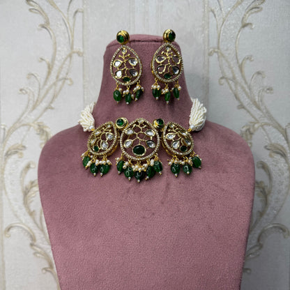 Pearl Beaded Green Choker Necklace & Earrings Set