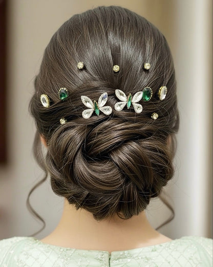 Emerald Butterfly & Crystal Accent Hair Pins Set
