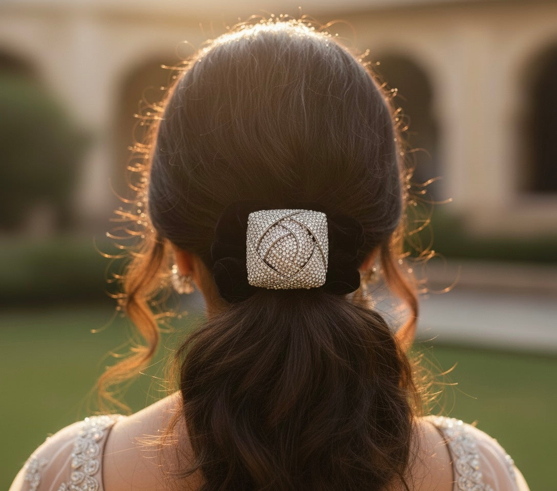 Black Velvet Scrunchie with Luxe Crystal Brooch