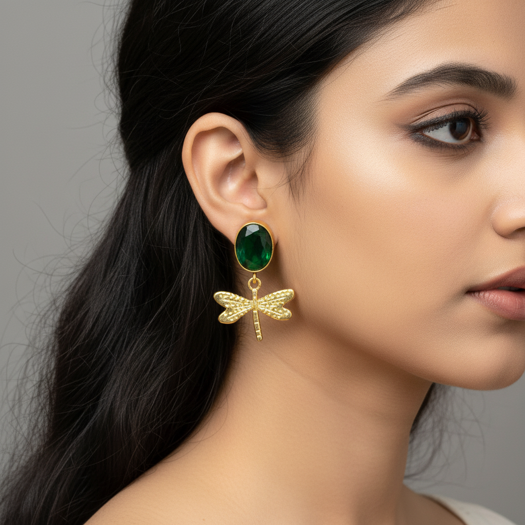 Emerald Dragonfly Drop Earrings