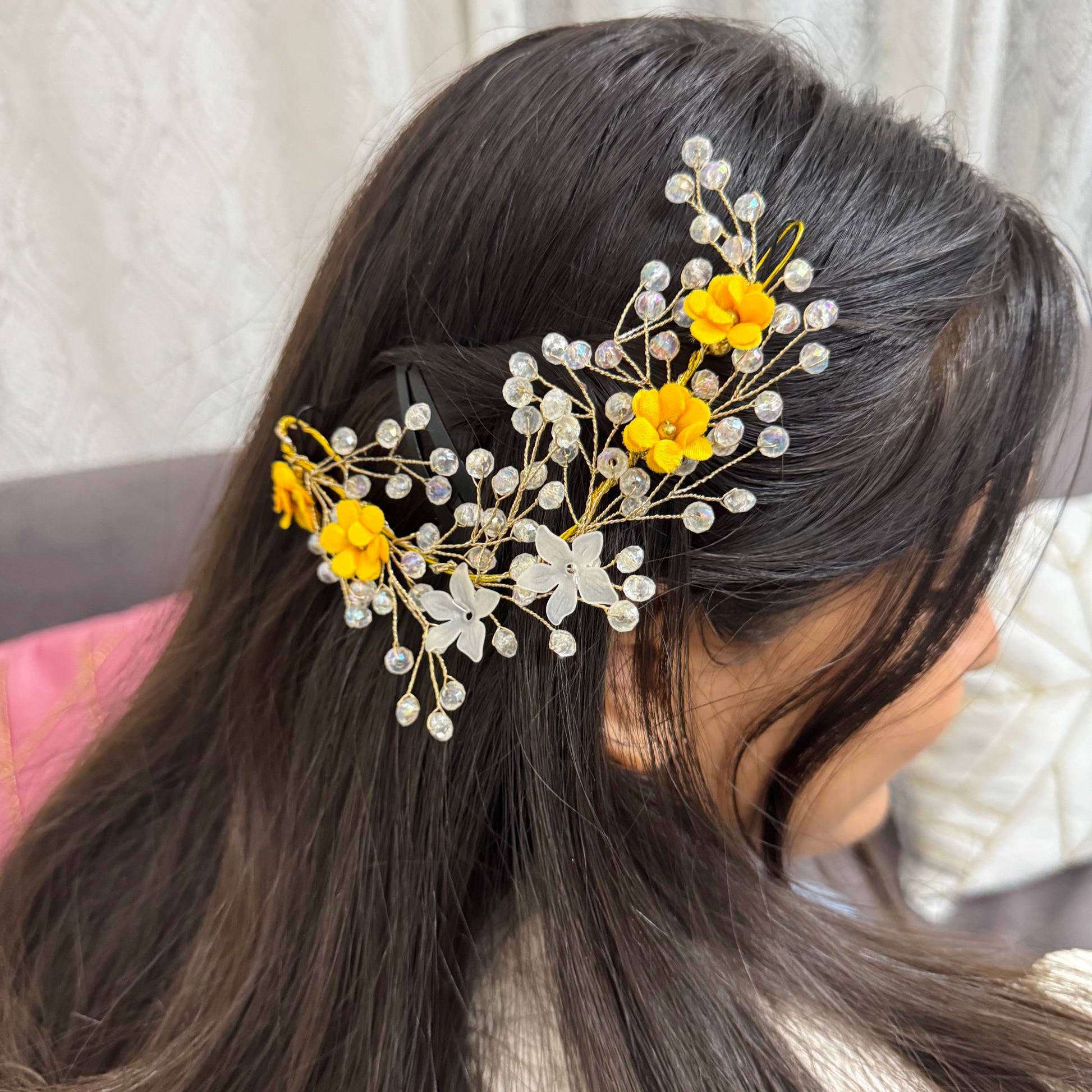 Haldi Crystal & Pearl Bridal Hair Vine | Yellow Crystal Hair Accessory for Haldi & Mehendi