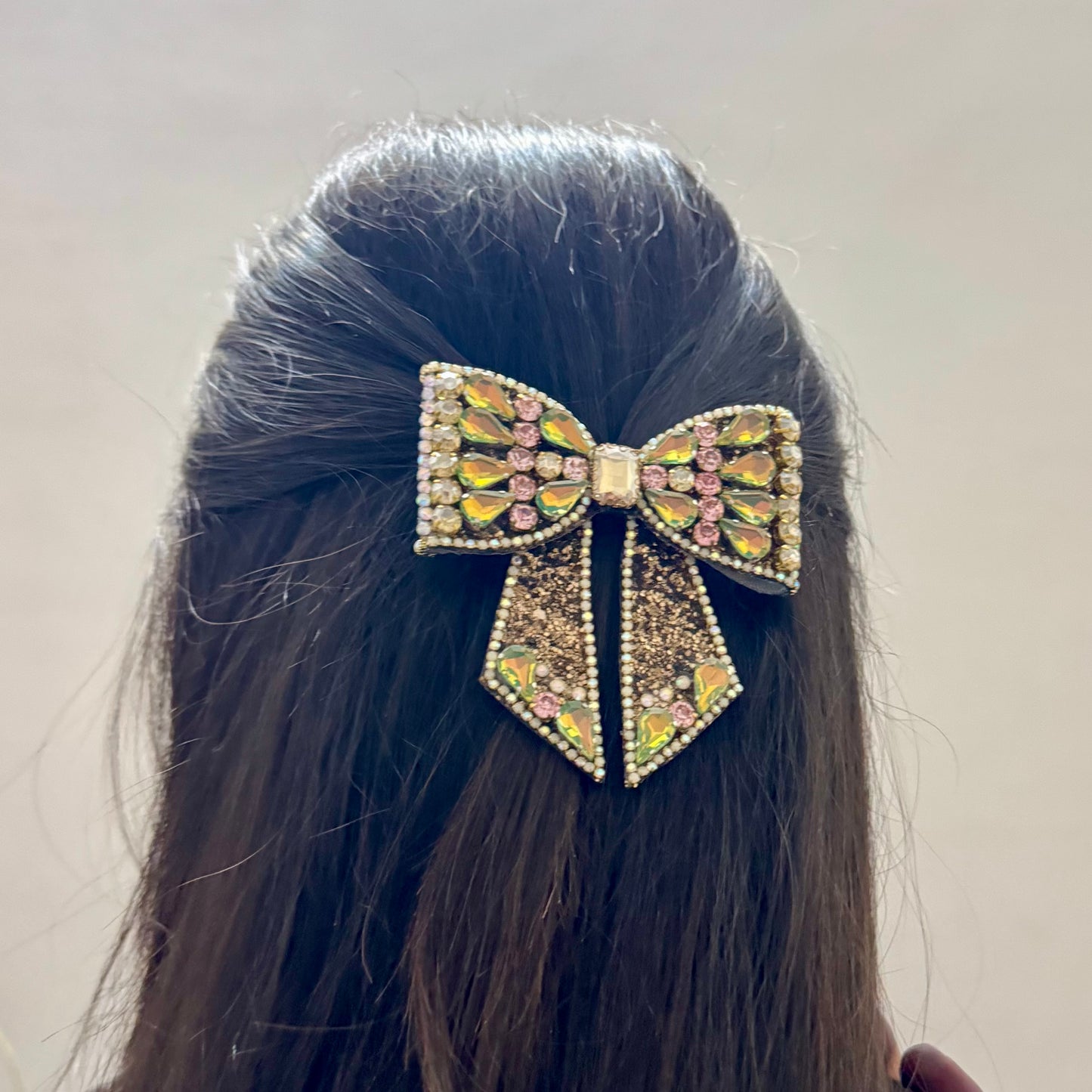 Bejewelled Green, Pink, Golden Luxe Bow Hair Clip