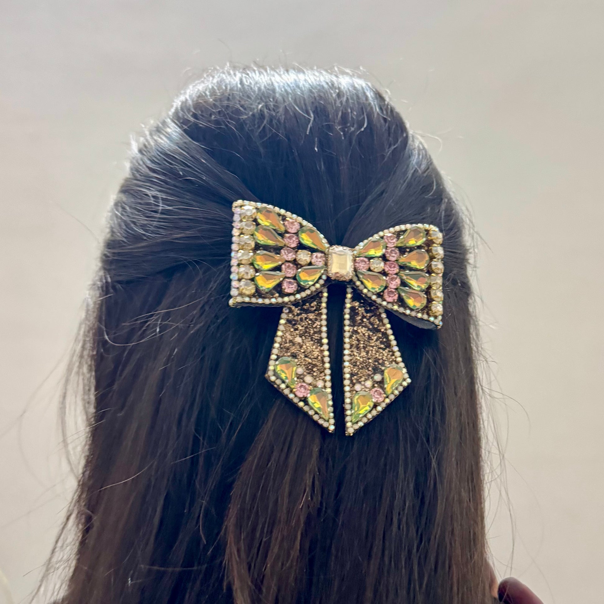 Bejewelled Green, Pink, Golden Luxe Bow Hair Clip