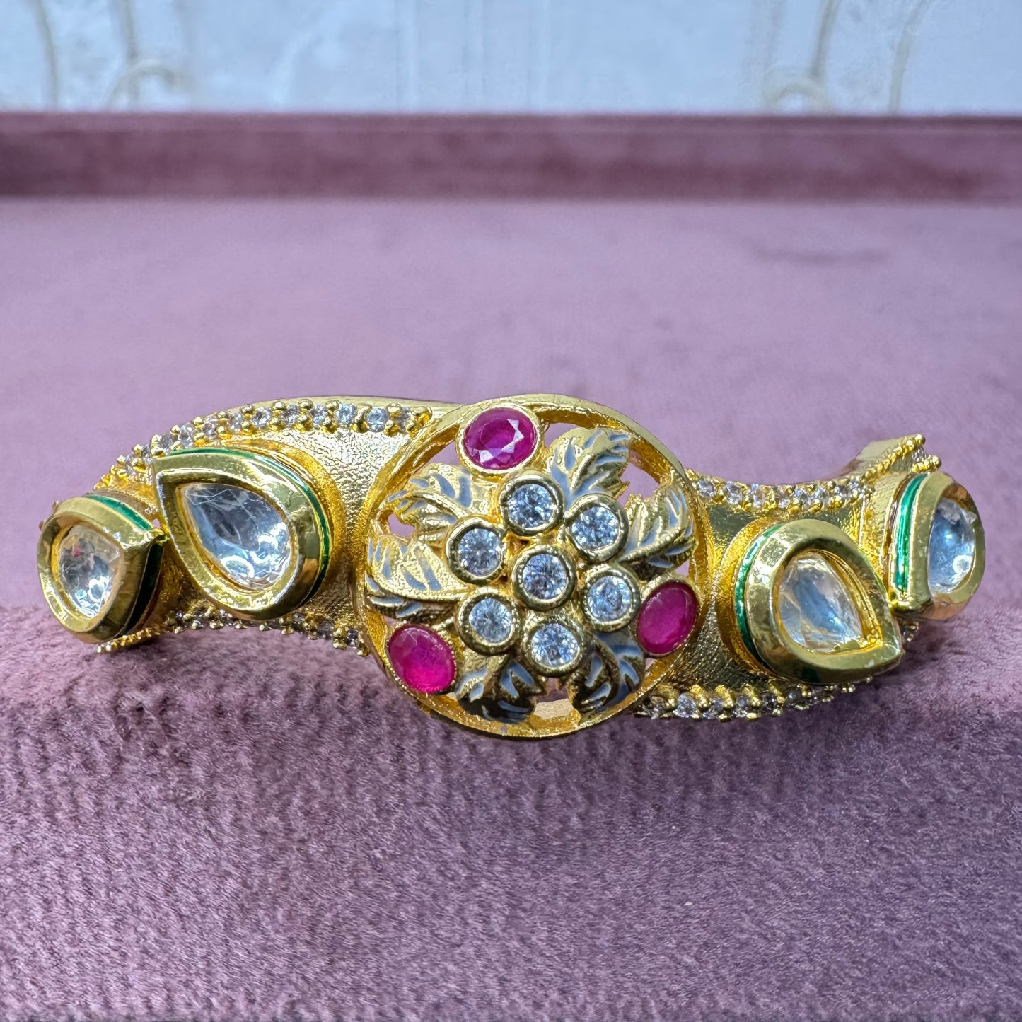 Gold-Plated Kundan Adjustable Bracelet with Ruby & White Stones