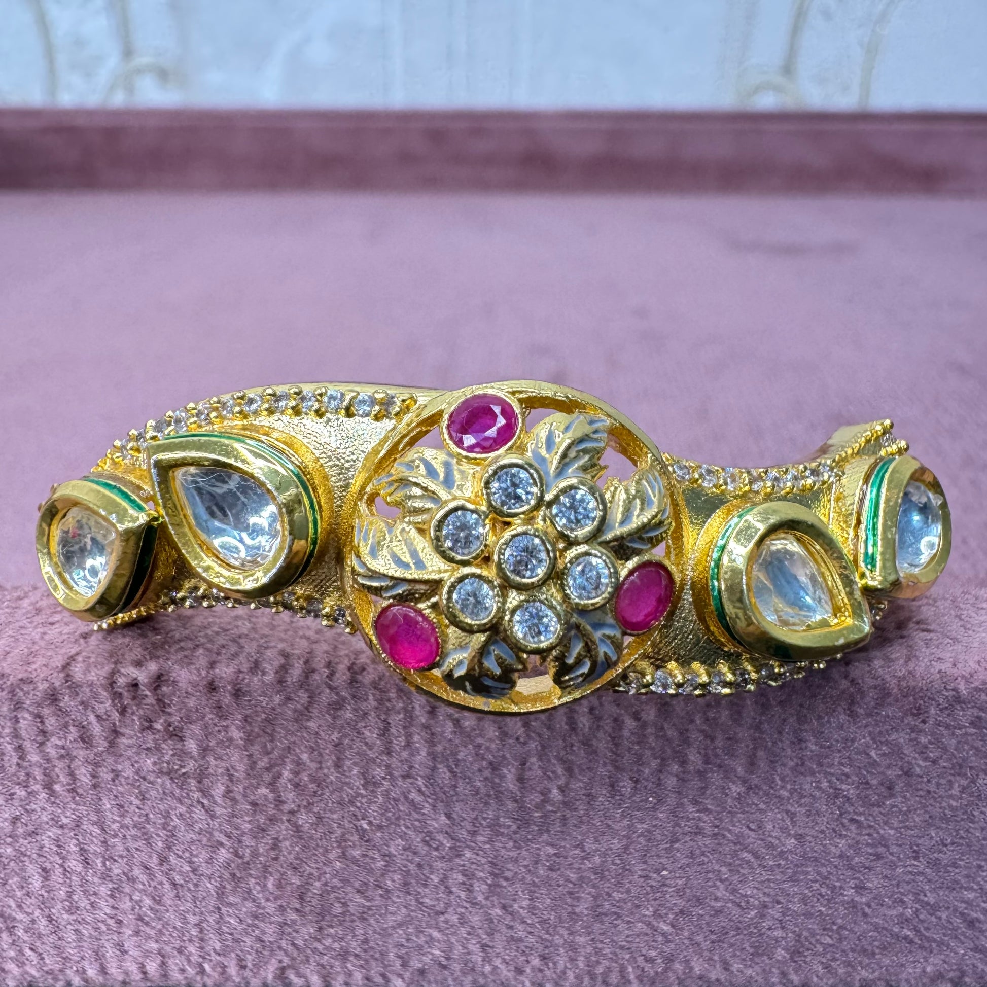 Gold-Plated Kundan Adjustable Bracelet with Ruby & White Stones