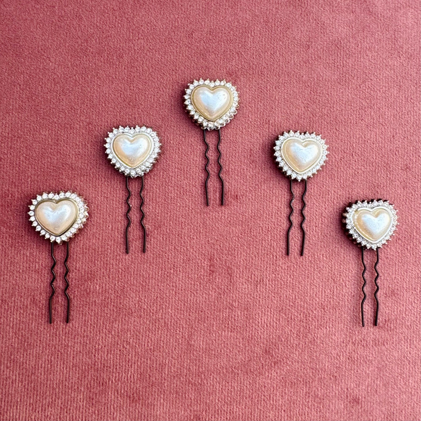 Crystal-Edged Pearl Heart Hair Pin Set