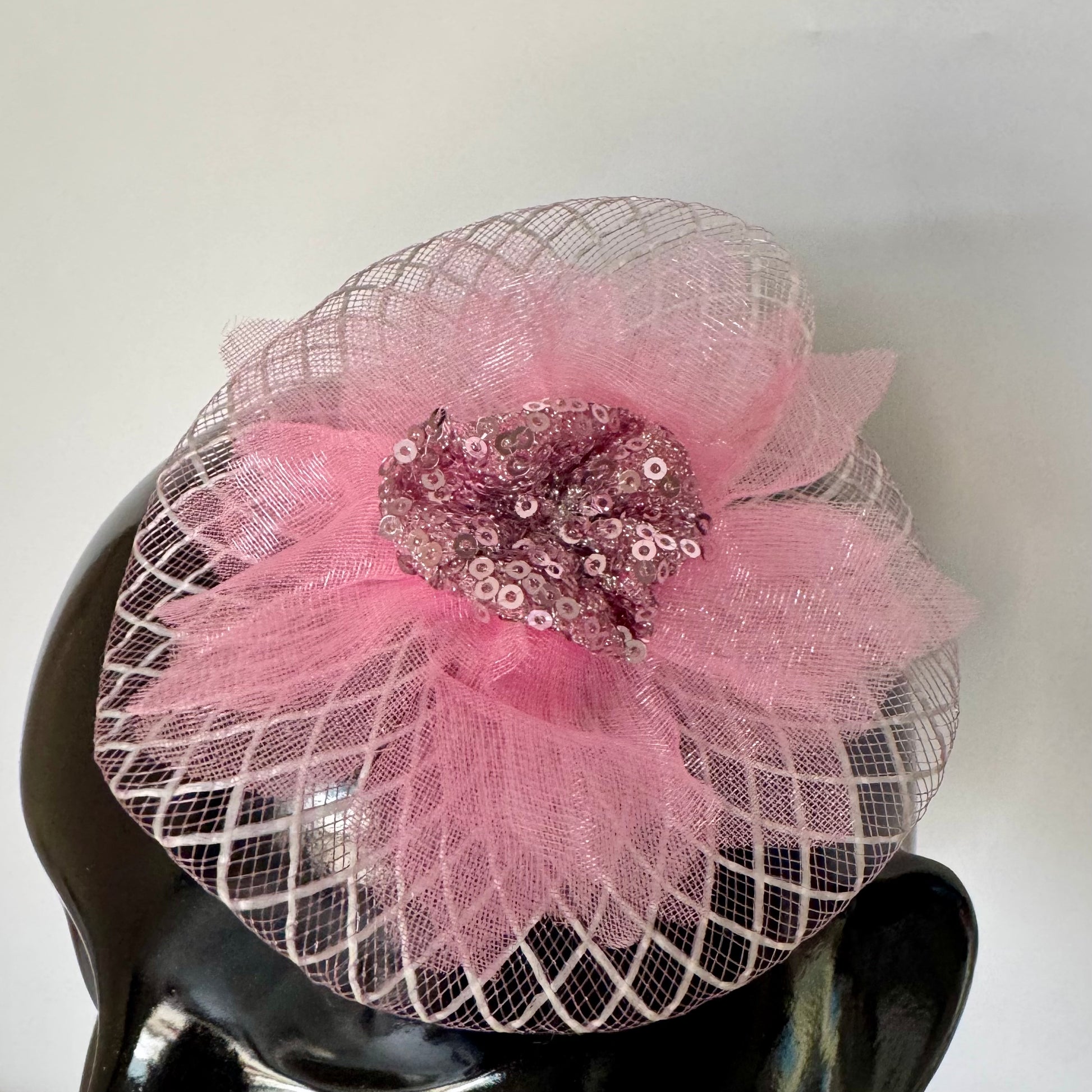 Blush Pink Sequin Bloom Hair Fascinator Half Hat
