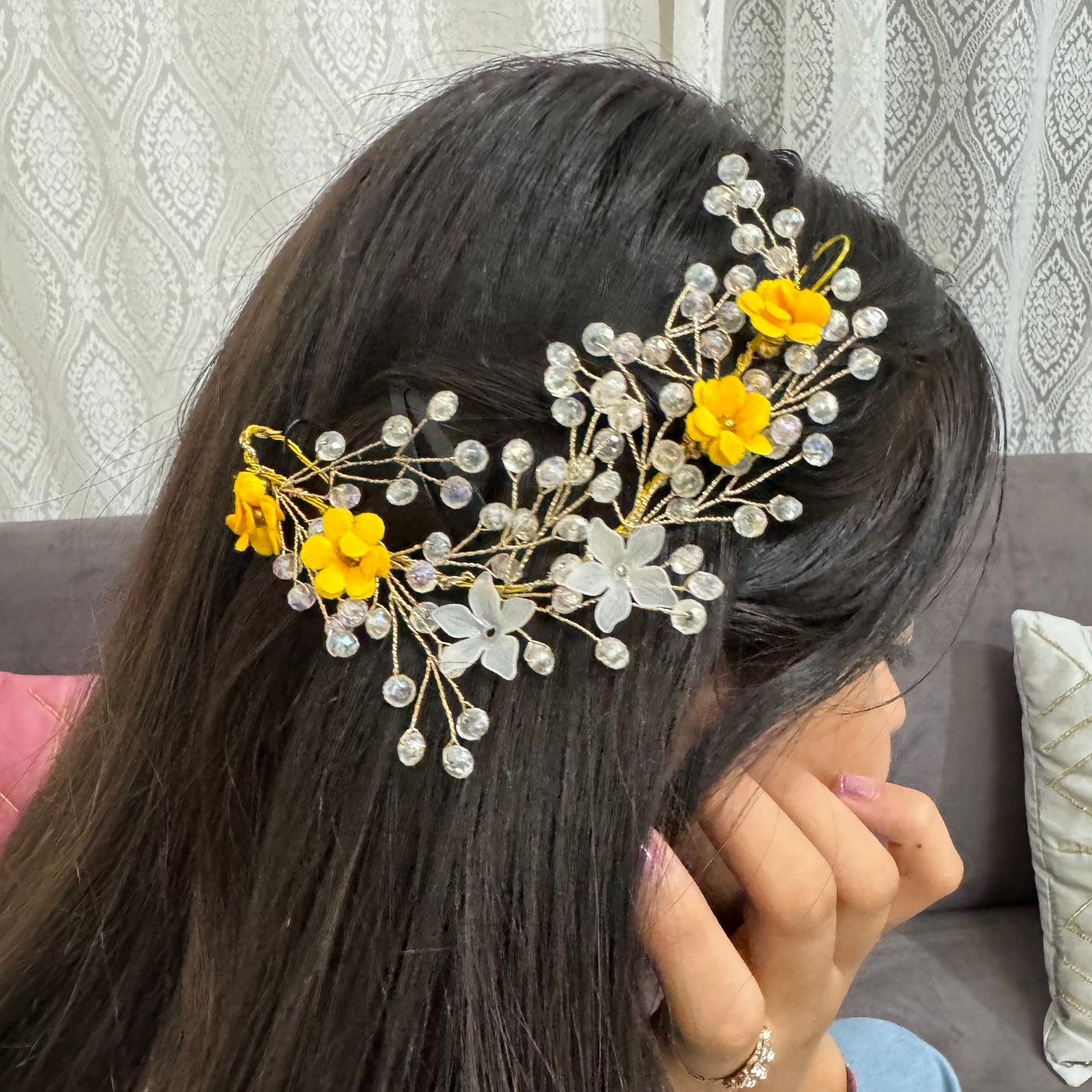 Haldi Crystal & Pearl Bridal Hair Vine | Yellow Crystal Hair Accessory for Haldi & Mehendi