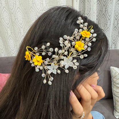 Haldi Crystal & Pearl Bridal Hair Vine | Yellow Crystal Hair Accessory for Haldi & Mehendi