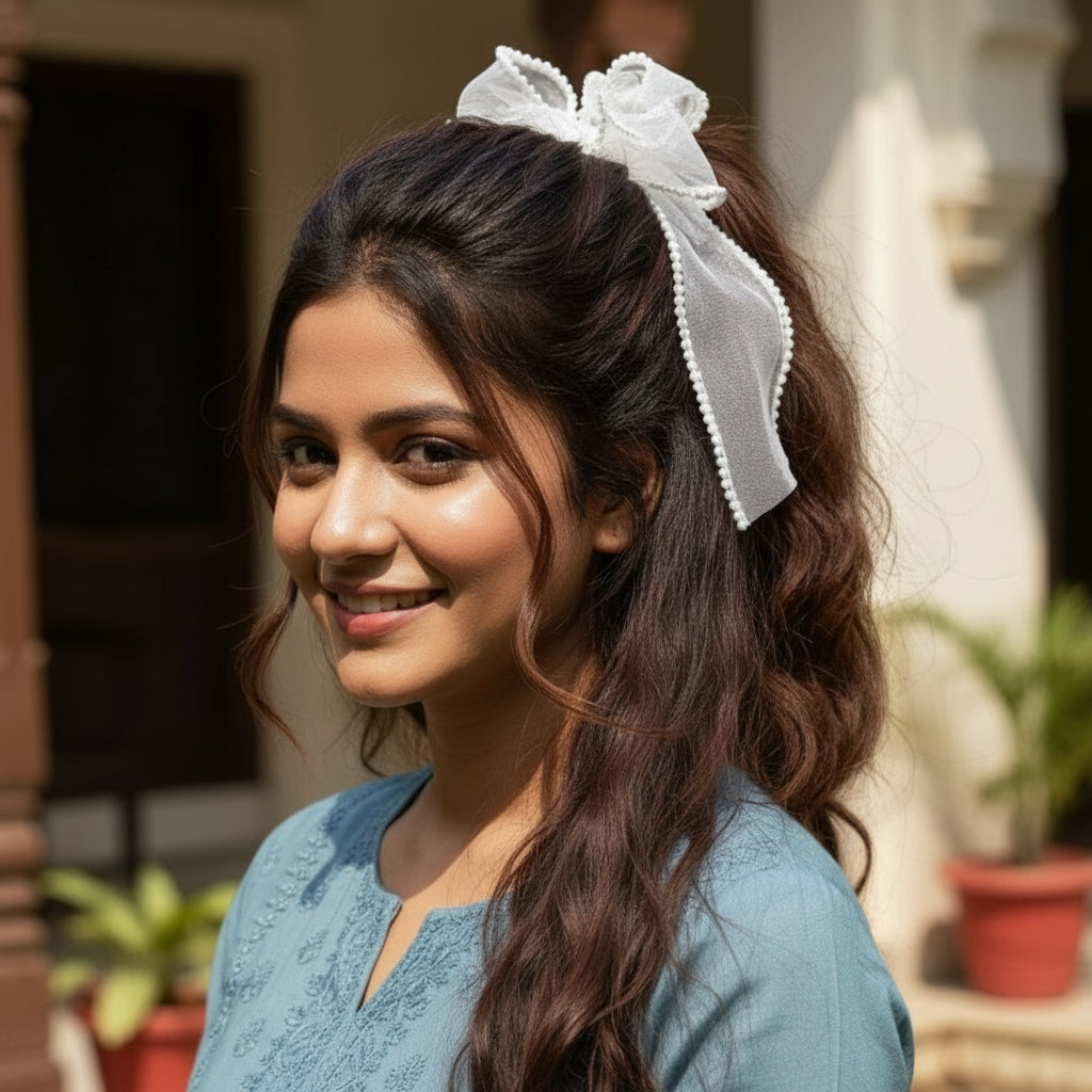 Ivory Pearl-Trimmed Bow Scrunchie