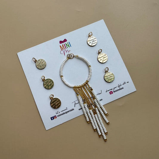Gold Disc Charm Hair Accessory Set with White Beaded Tassel