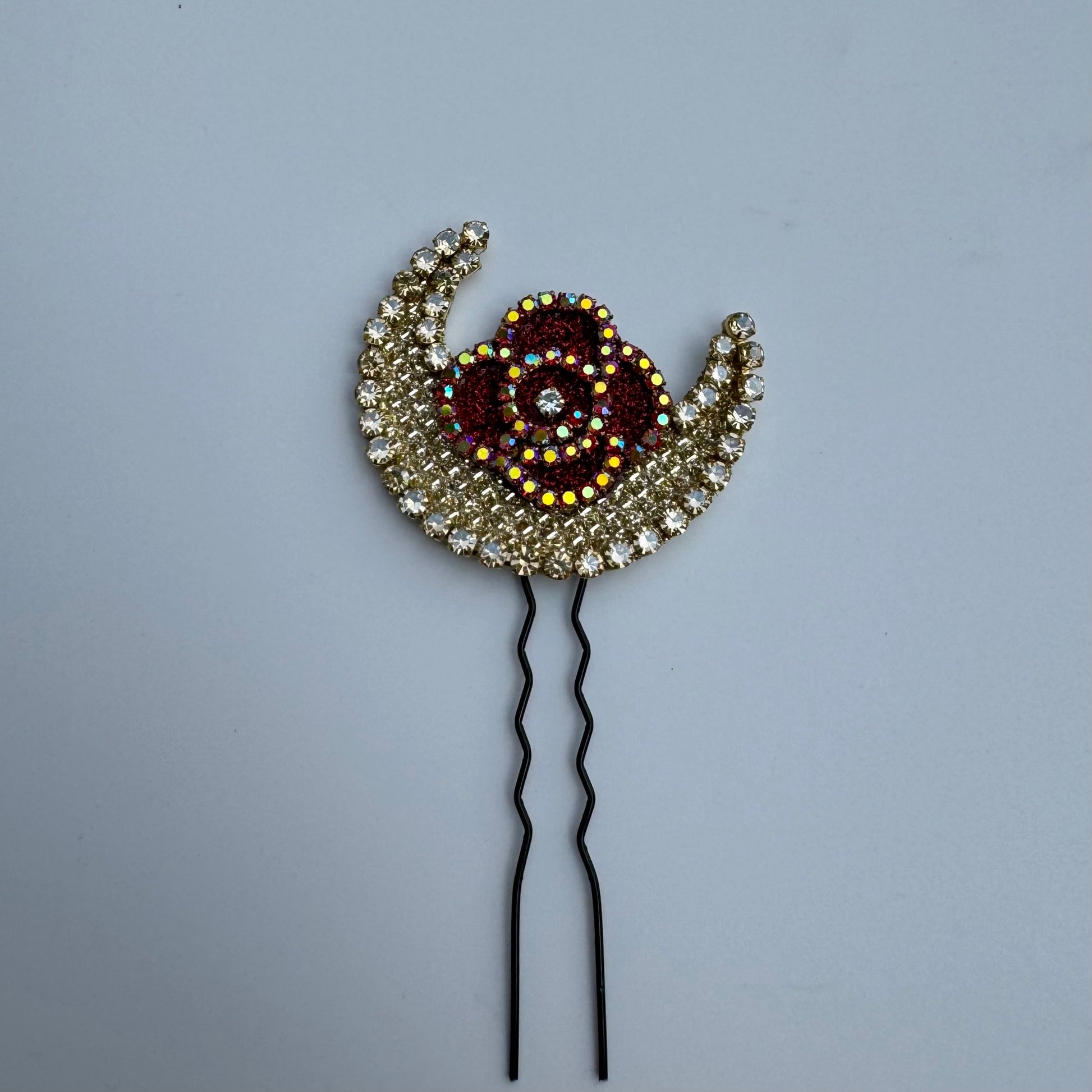 Red Rose Crescent Moon Bun Pin Set with Scattered Stones – Bridal Hair Jewelry