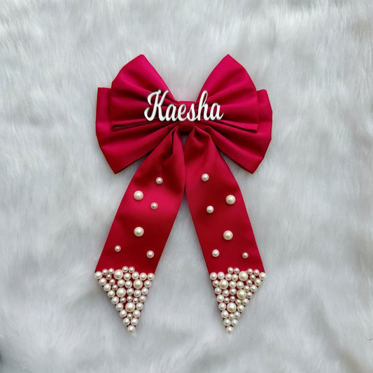 Custom Name Pearl Embellished  Dark Pink Hair Bow Clip 