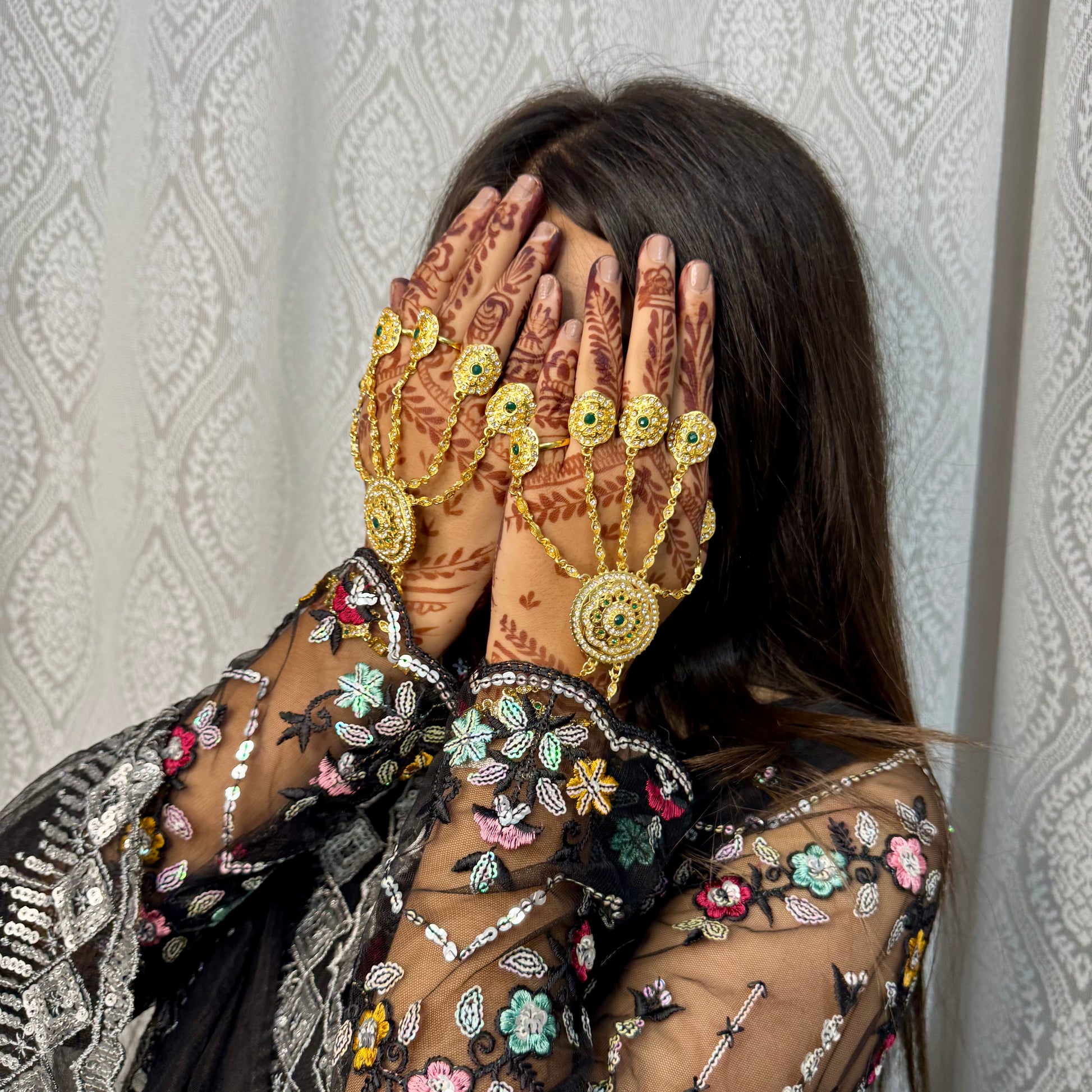 Gulbahar Hathphools – Golden Green Kundan Hand Jewelry for Bridal & Festive Wear