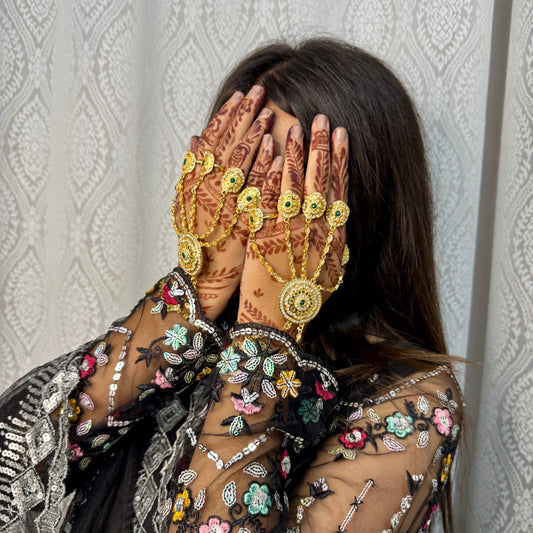 Gulbahar Hathphools – Golden Green Kundan Hand Jewelry for Bridal & Festive Wear