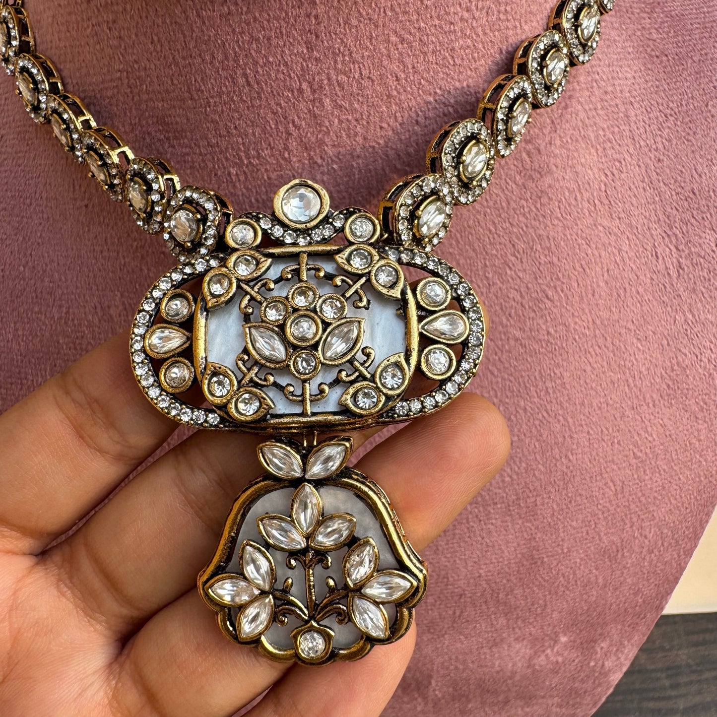 Antique Moissanite Necklace Set with Floral Detailing