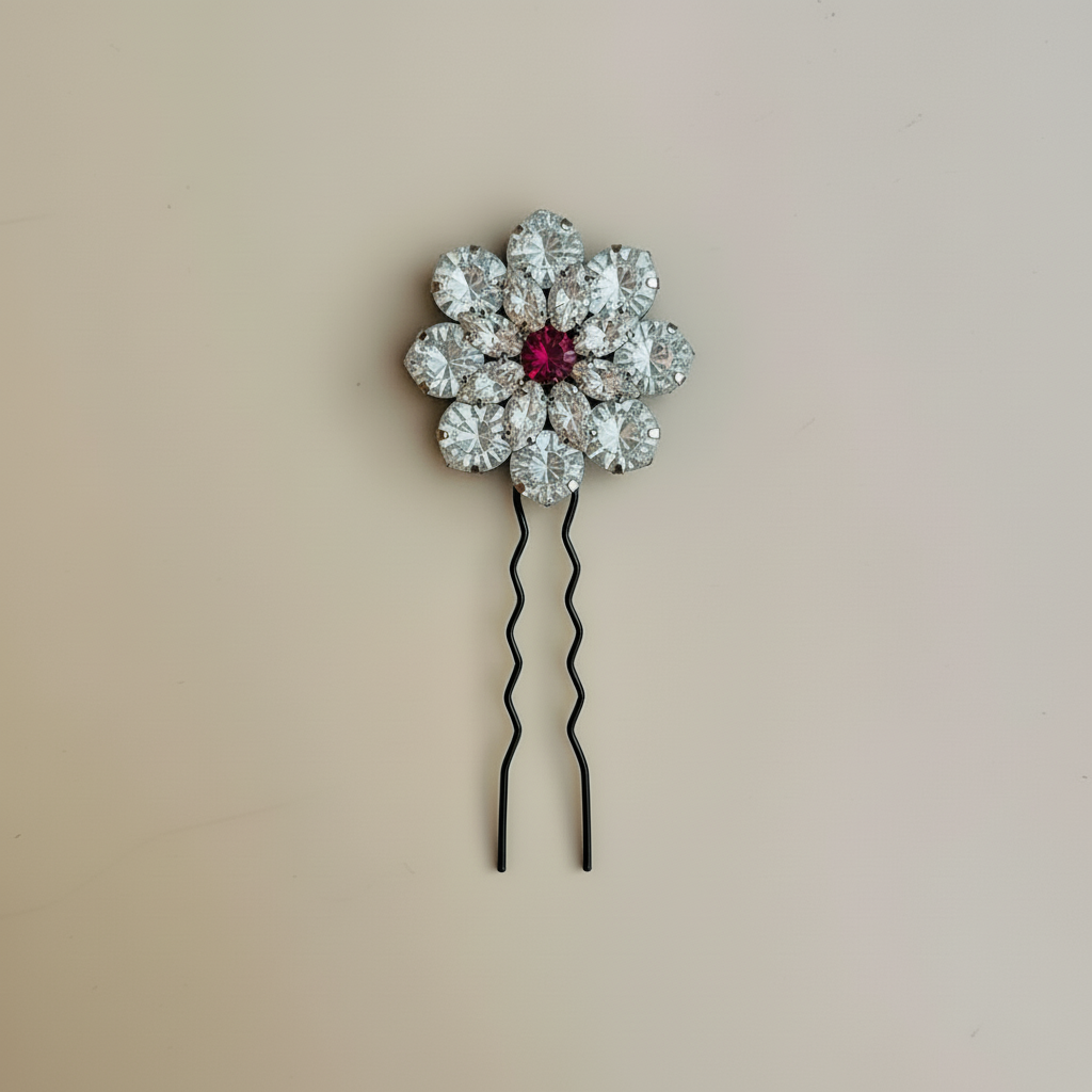 Silver Ruby Red Crystal Bloom Hair Pin