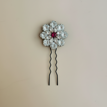 Silver Ruby Red Crystal Bloom Hair Pin