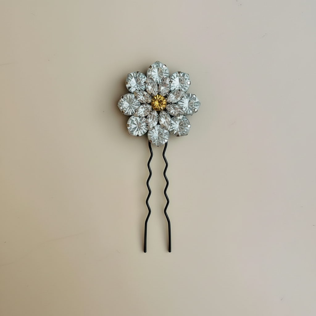 Silver Champaign Crystal Bloom Hair Pin