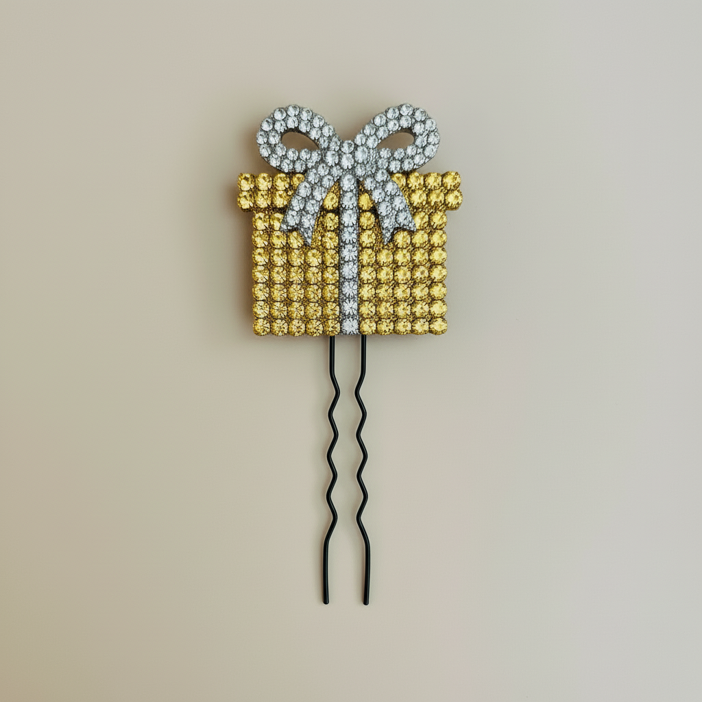 Crystal Gift Box Hair Pin - Gold & Silver
