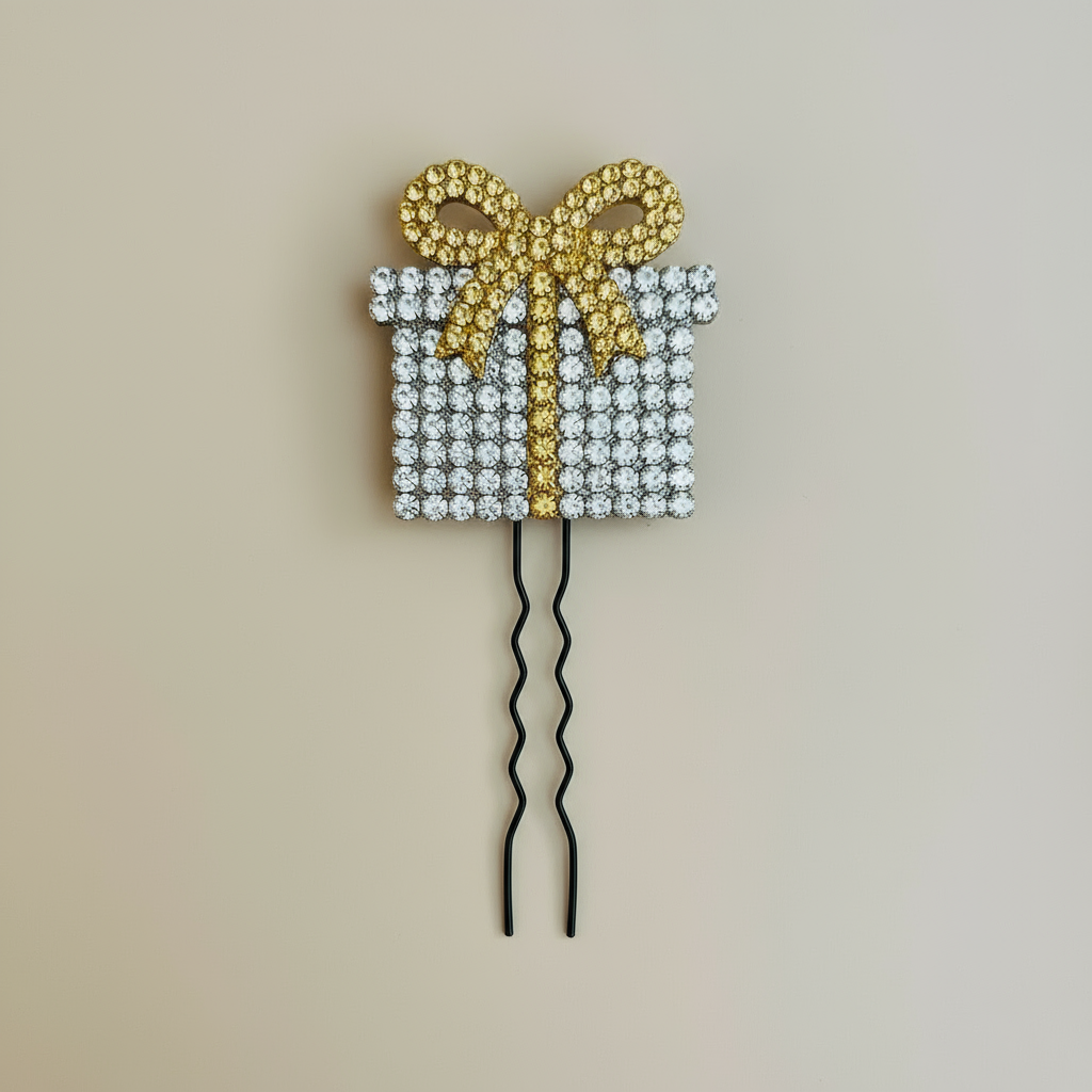Crystal Gift Box Hair Pin - Silver & Gold