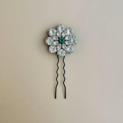 Silver Green Crystal Bloom Hair Pin