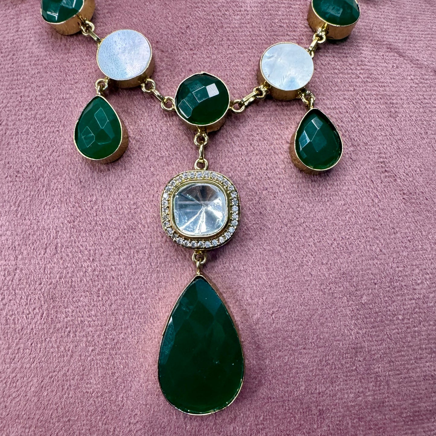 Emerald Green Stone & Kundan Necklace & Earrings Set